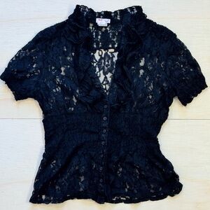 VTG Lipstick Y2K Whimsigoth Black Lace Shoulder Sleeve Top Goth Romantic Large